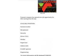 Job available starting from may 2022 contact Mr phalane now 0715002593