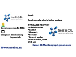 SASOL COAL MINE IS HIRING WORKER S TO WORK UNDER IMPUMELELO COAL MINE FOR PERMANENT