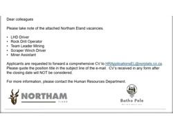 Eland Northam Platinum Mine, Open vacancies permanent job, HR co-ordinator MR Makaba on, 073 777 5347