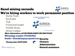 Sasol mining industry at secunda is looking for unemployed to work permanent position 0661743187